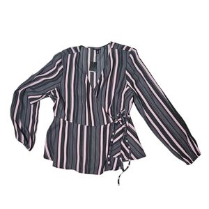 Torrid Blouse Stripe Crepe Crop Wrap Tied Pink Grey NWT sz 00